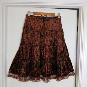 Vintage 90's Brown Crushed Velvet Tiered Midi Skirt Lace & Sequin Trim Hem Sz L